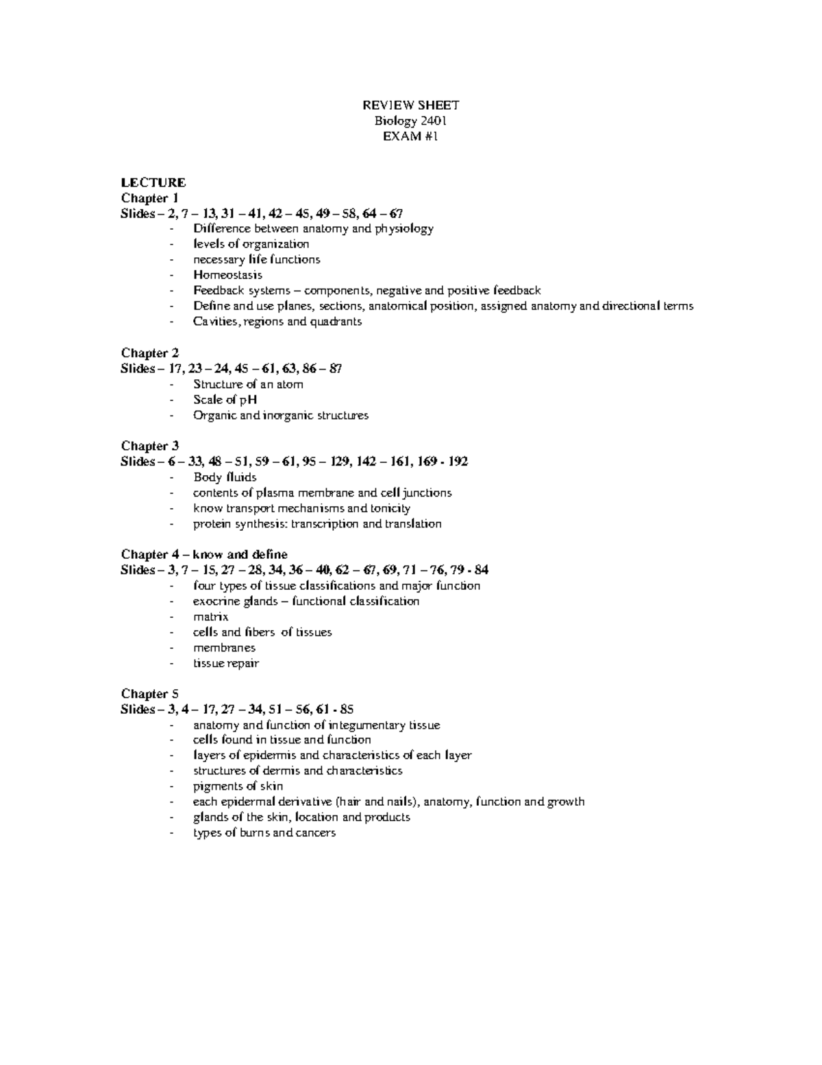 Biol 2401 rev 1 - REVIEW SHEET Biology 2401 EXAM # LECTURE Chapter 1 ...