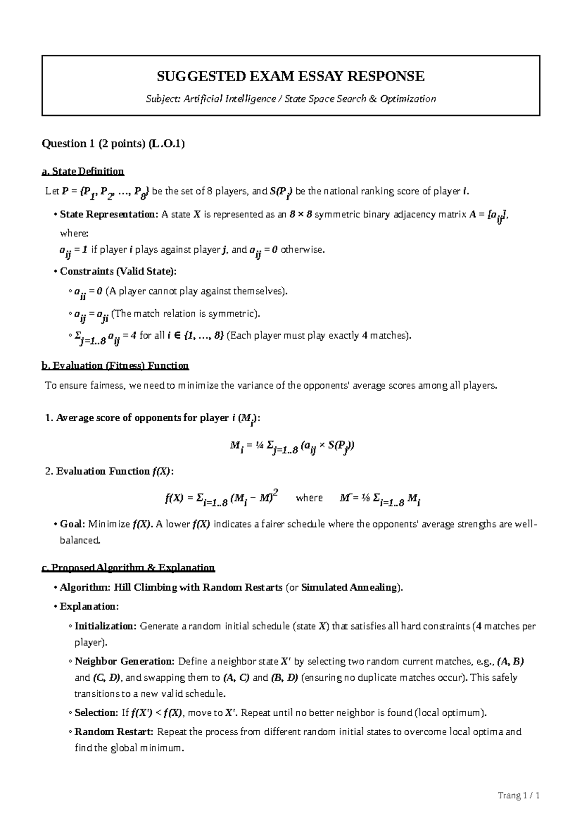 AI Chess Optimization: Suggested Exam Essay Response (L.O.1) - Studocu
