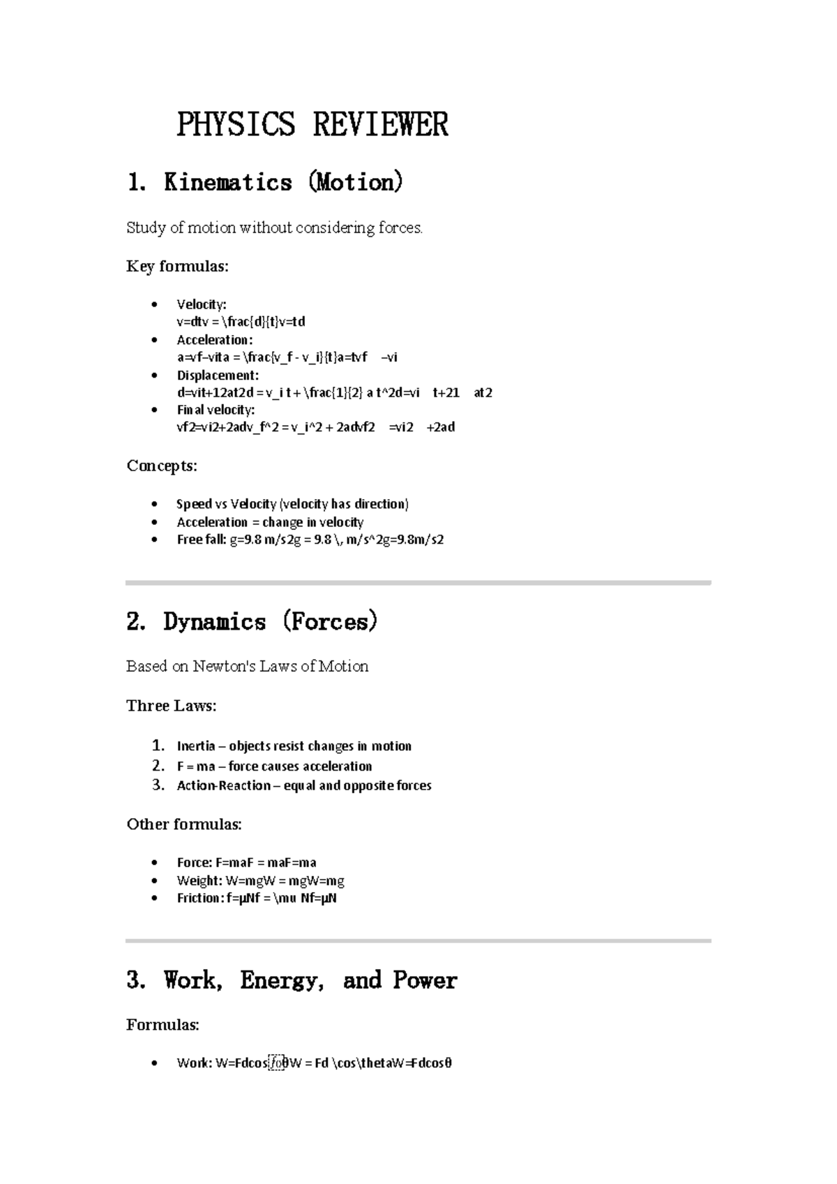 PHYSICS 101: Kinematics & Dynamics Review Notes - Studocu