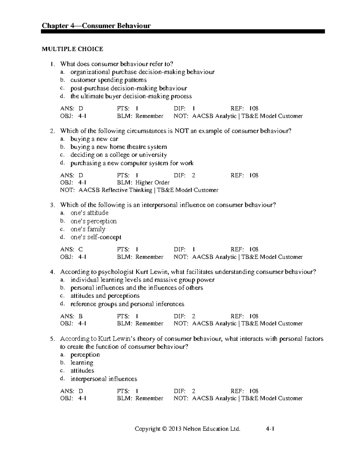 Chapter 4 - Consumer Behaviour Test Bank Questions and Answers - Studocu