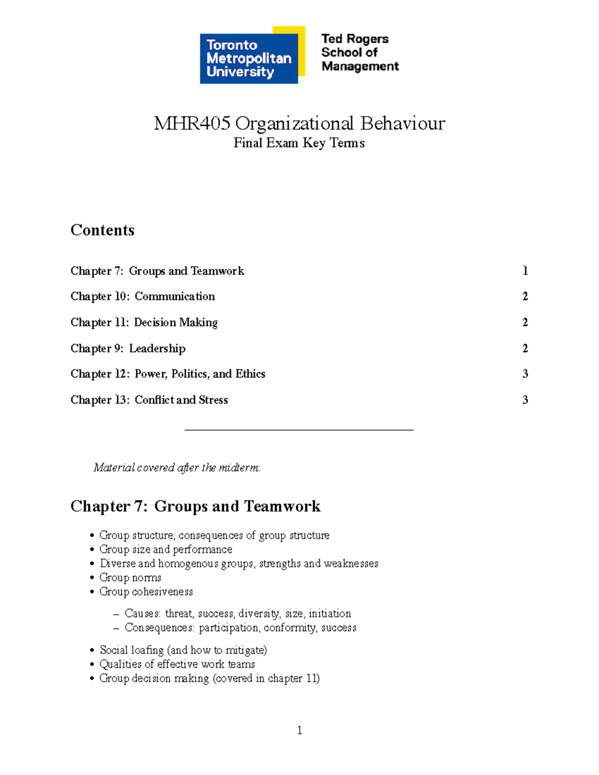 MHR405 Final Exam Review: Key Concepts in Organizational Behaviour ...