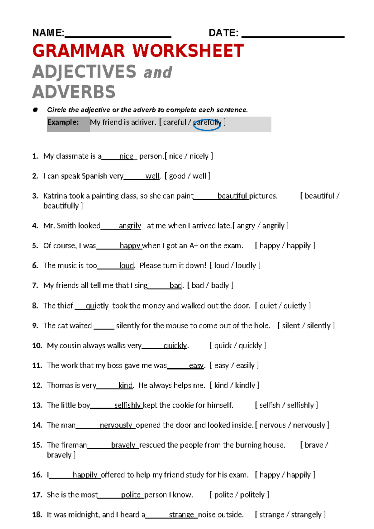 Adjectives and Adverbs Grammar Worksheet - Practice Exercises - Studeersnel