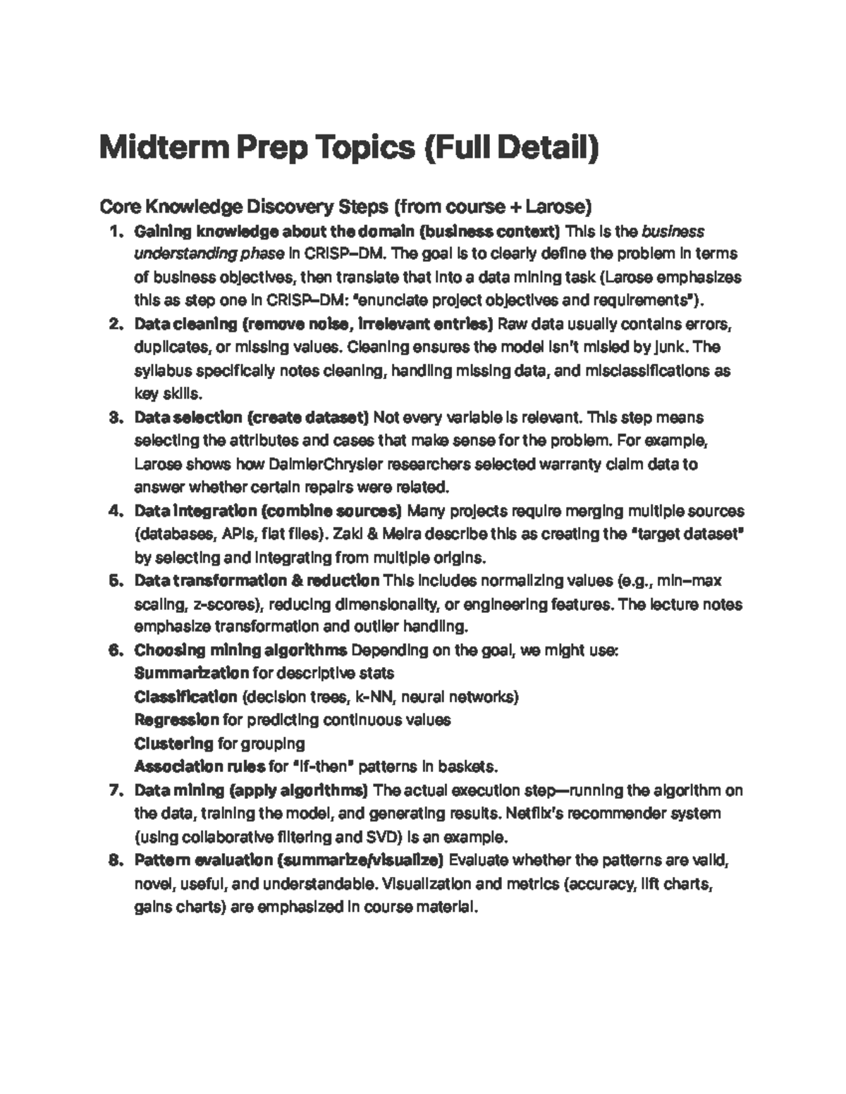 MIS 637 Midterm Prep: Knowledge Discovery Steps Explained - Studocu