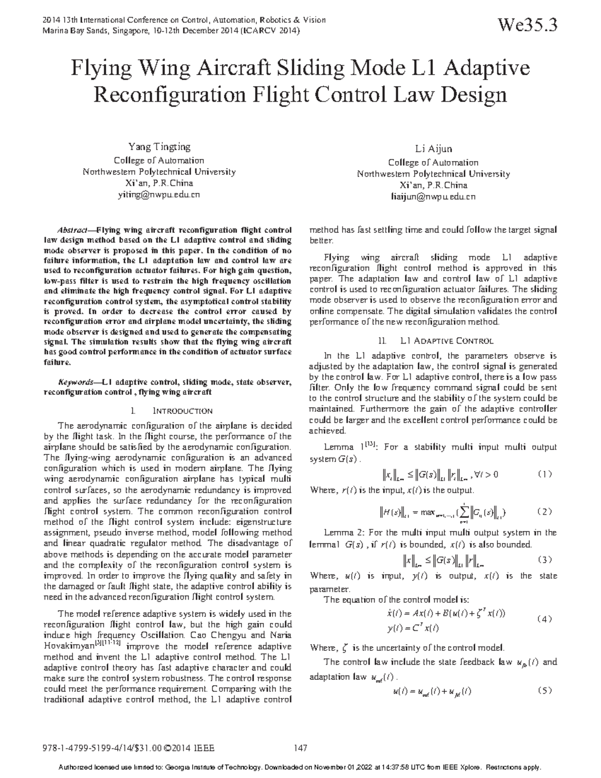 2014 Case Study on L1 Adaptive Control for Flying Wing Aircraft - Studocu