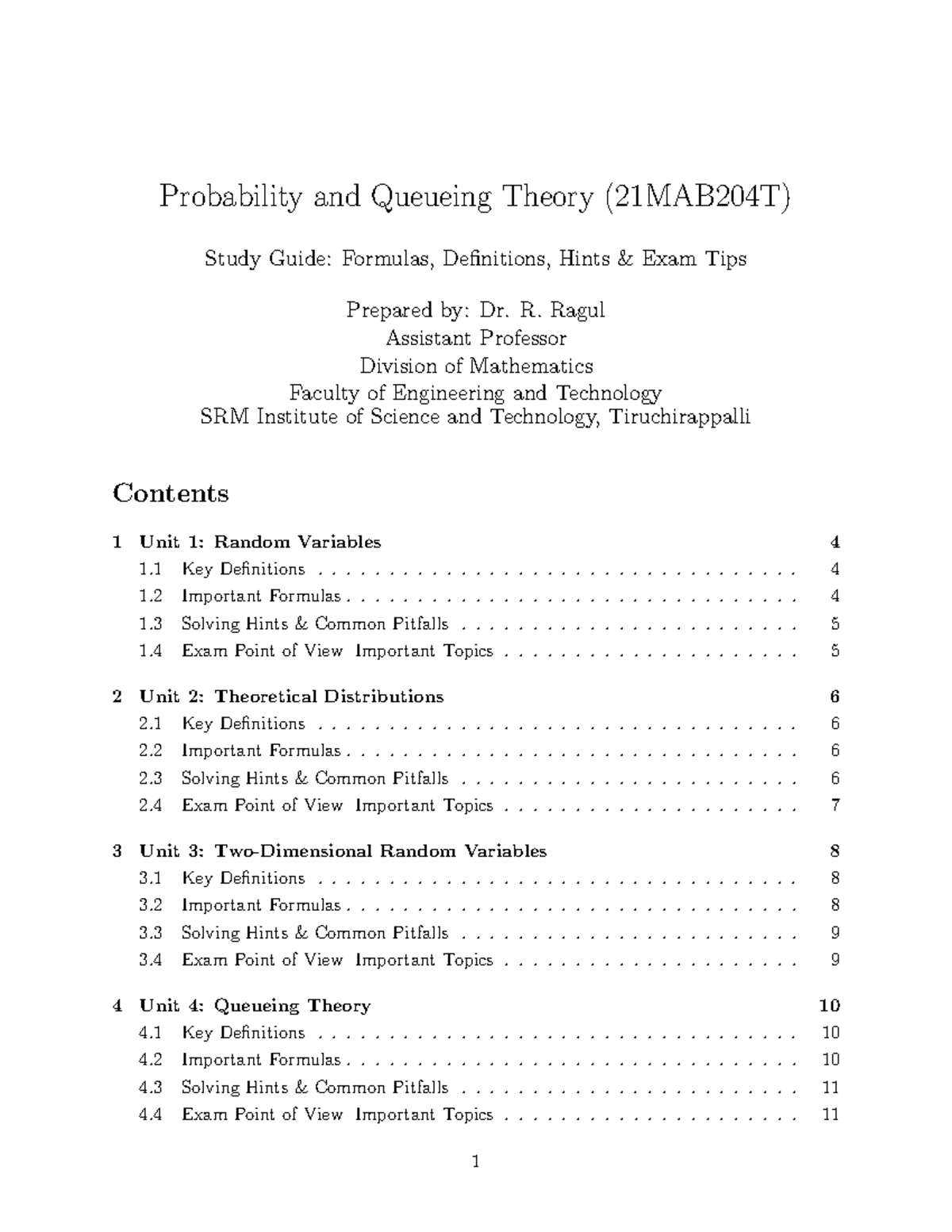 PQT Formula Sheet: Key Concepts and Exam Tips (21MAB204T) - Studocu