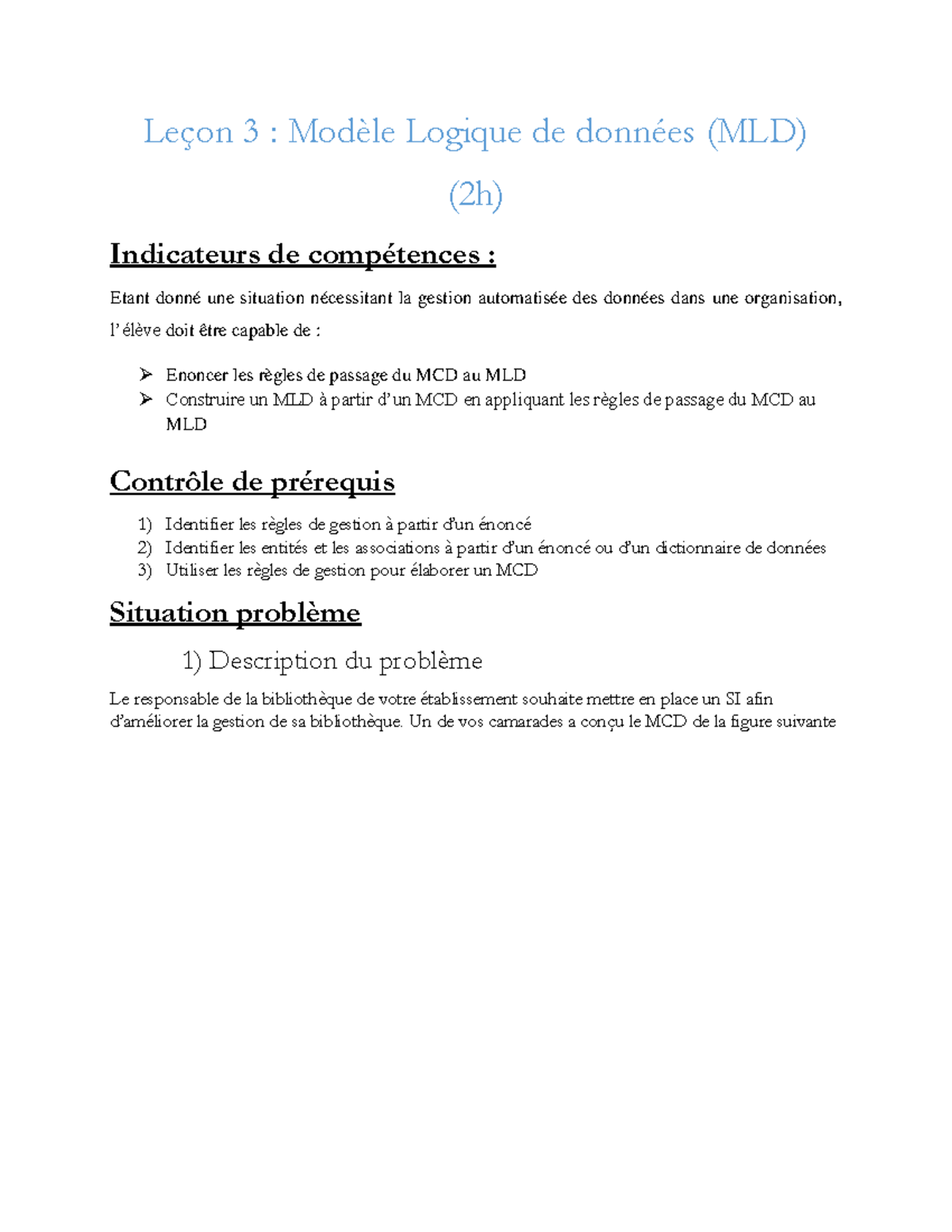 Leçon 3 MLD - Transition du MCD au MLD pour Gestion de Données - Studocu