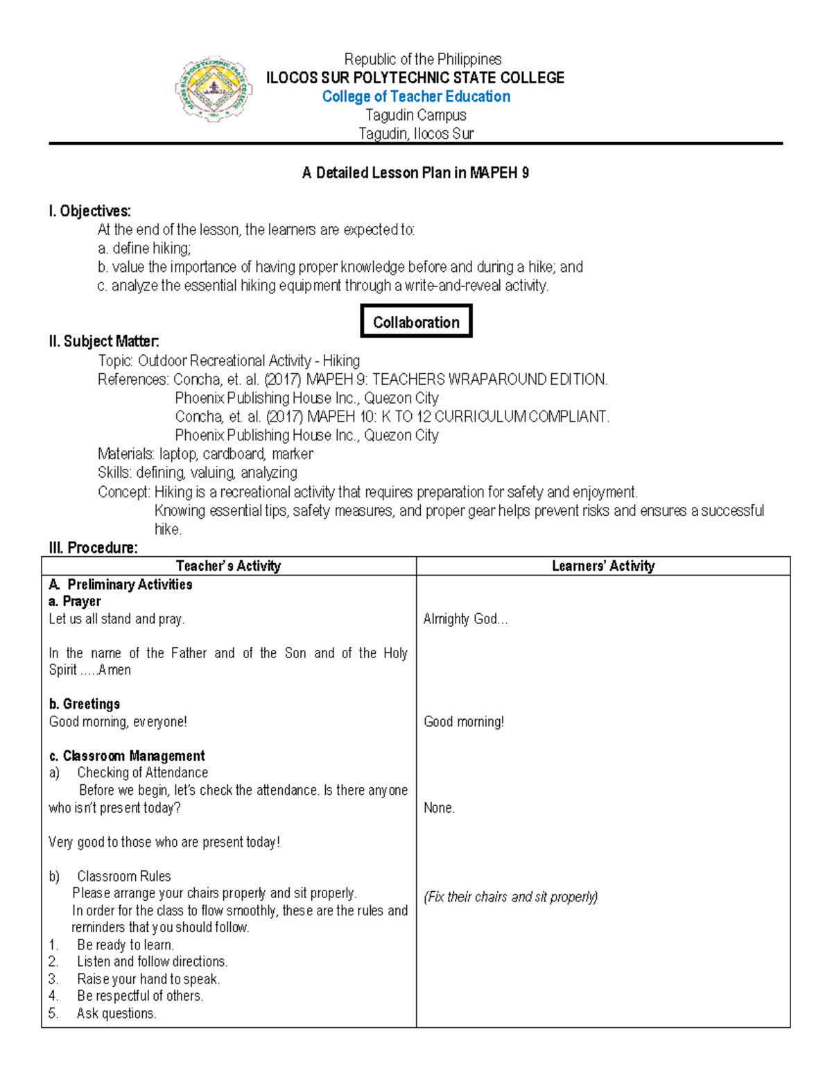 Detailed Lesson Plan in MAPEH 9: Outdoor Recreational Activity Hiking ...