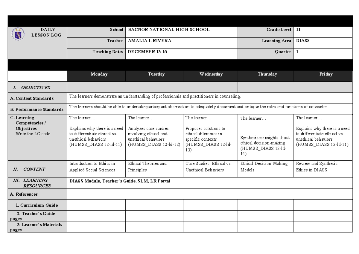 DLL - DIASS Grade 11 Lesson Log for December (5th Week) - Studocu