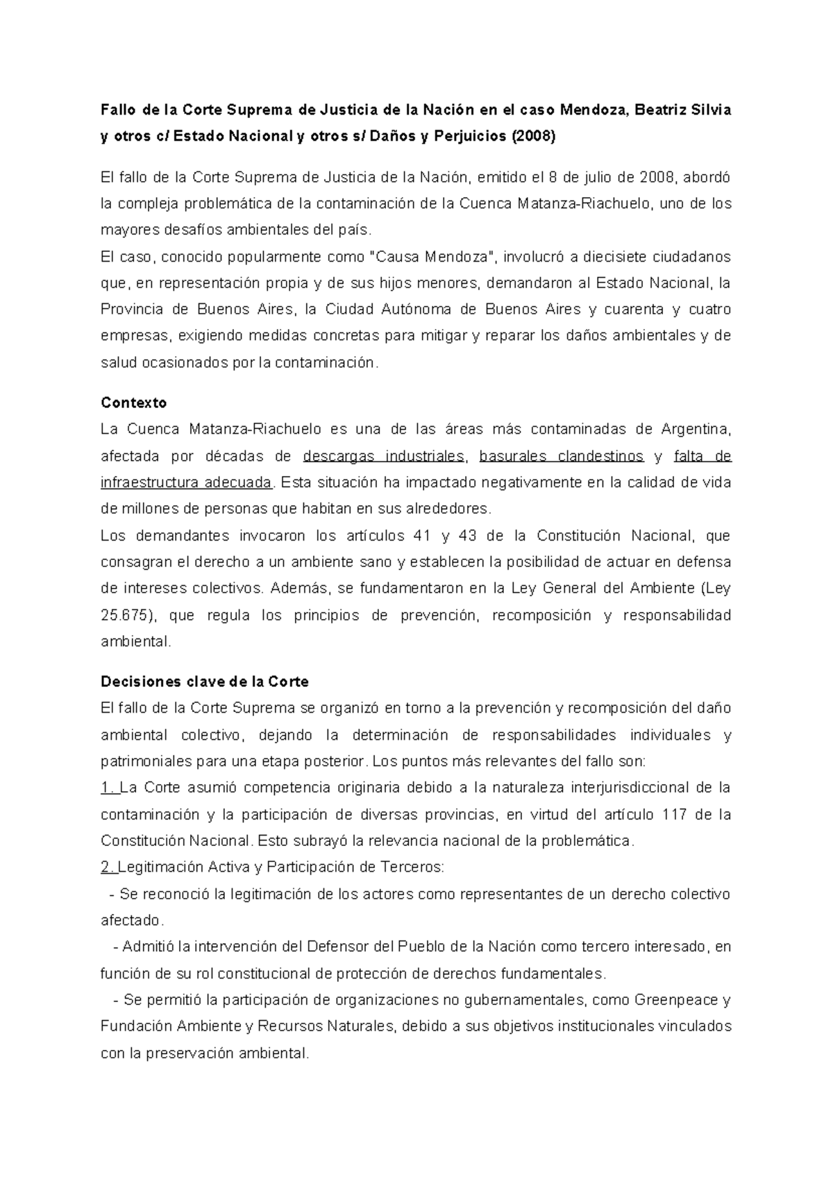 Fallo de la Corte Suprema en el caso Mendoza - Resumen y Análisis - Studocu
