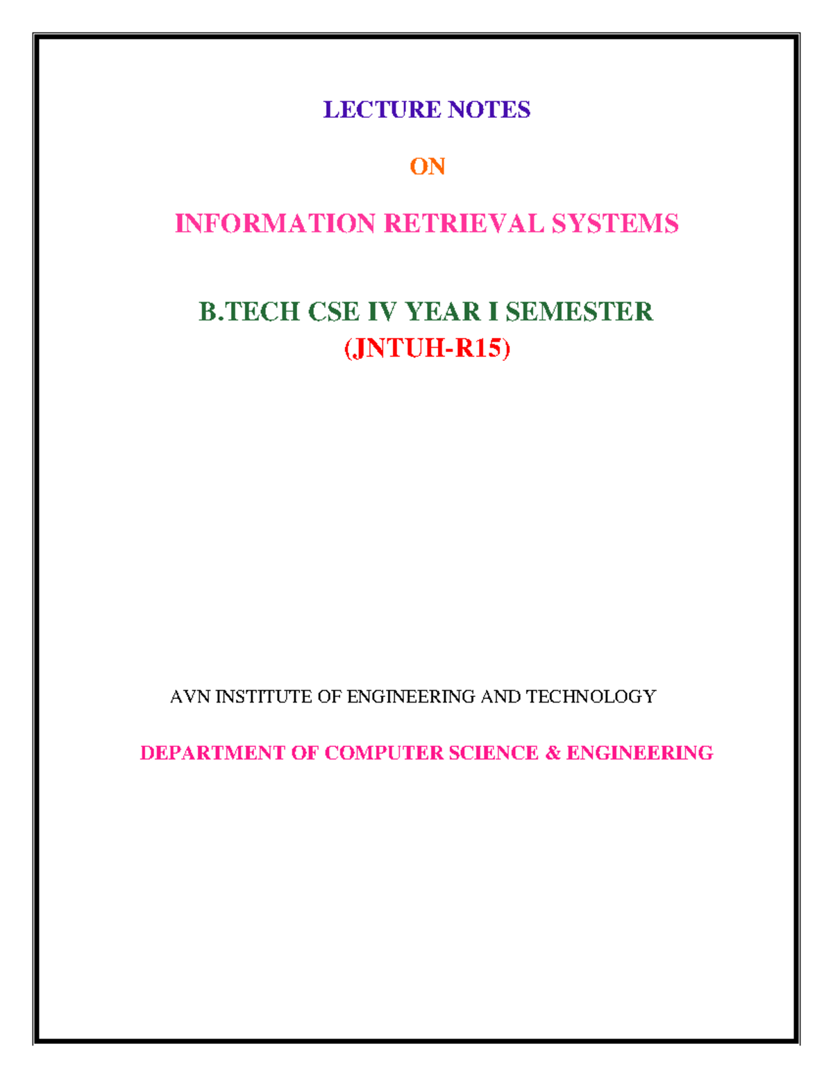 IRS-Lecture-Notes - IRS - LECTURE NOTES ON INFORMATION RETRIEVAL ...