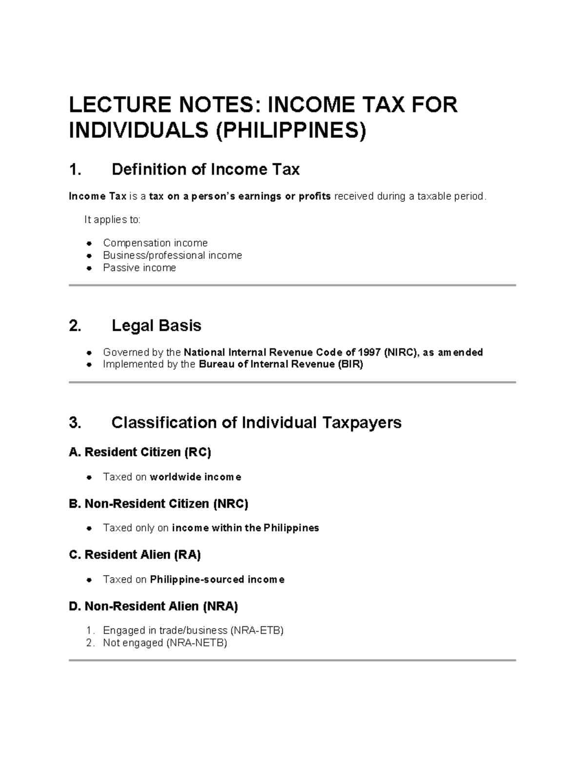 LECTURE NOTES: INCOME TAX FOR INDIVIDUALS (PHILIPPINES) - Studocu