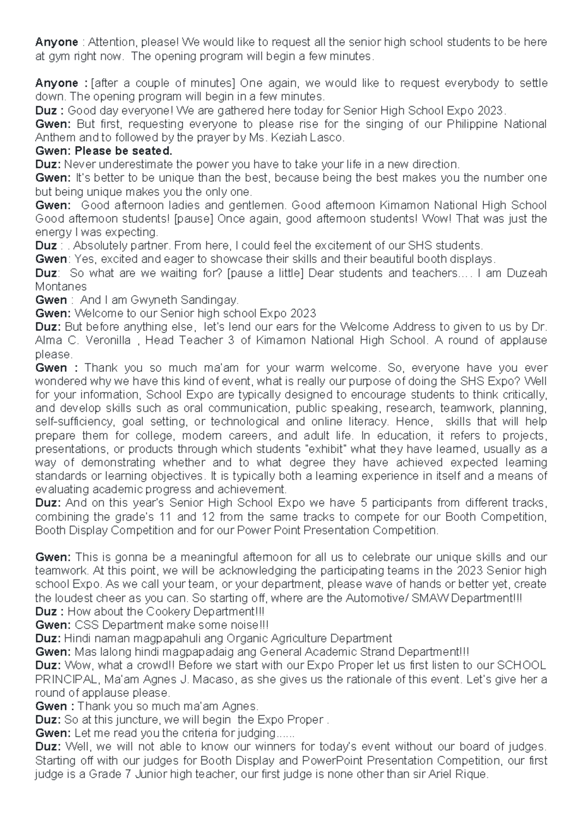 Senior High School Expo 2023 Script - English Assignment - Studocu
