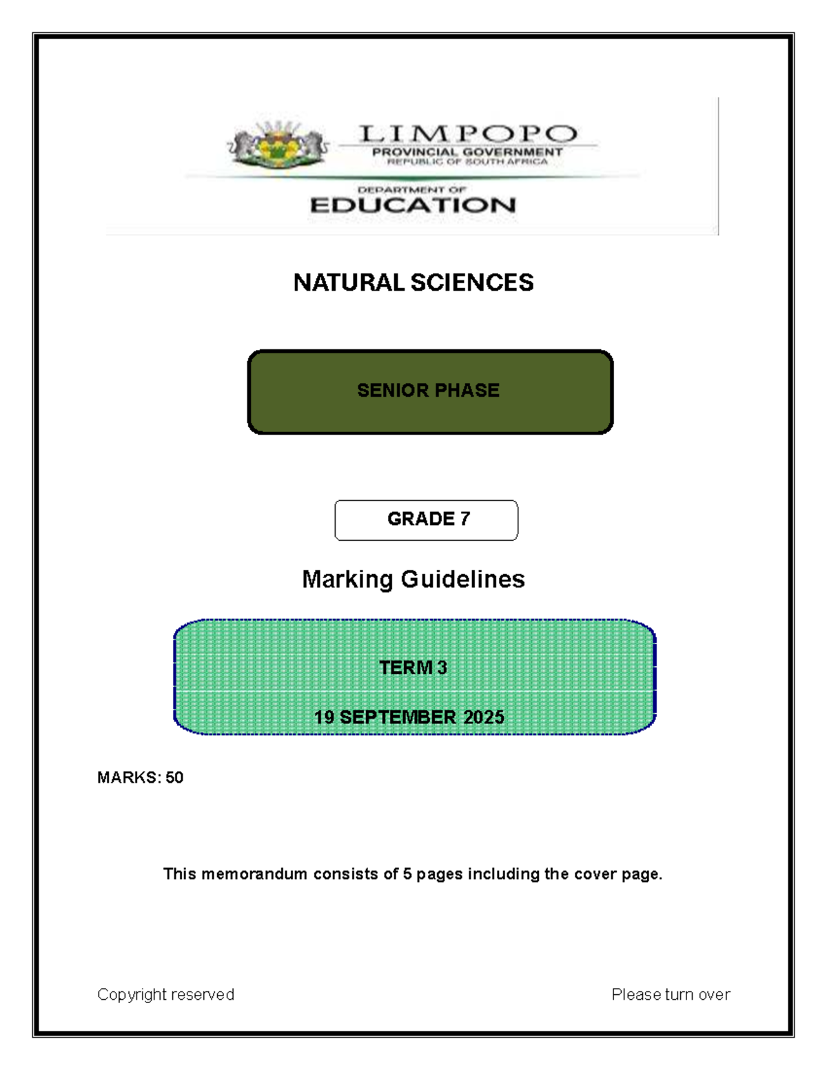 NS Grade 7 Term 3 Controlled Test 2025 Marking Guidelines - Studocu