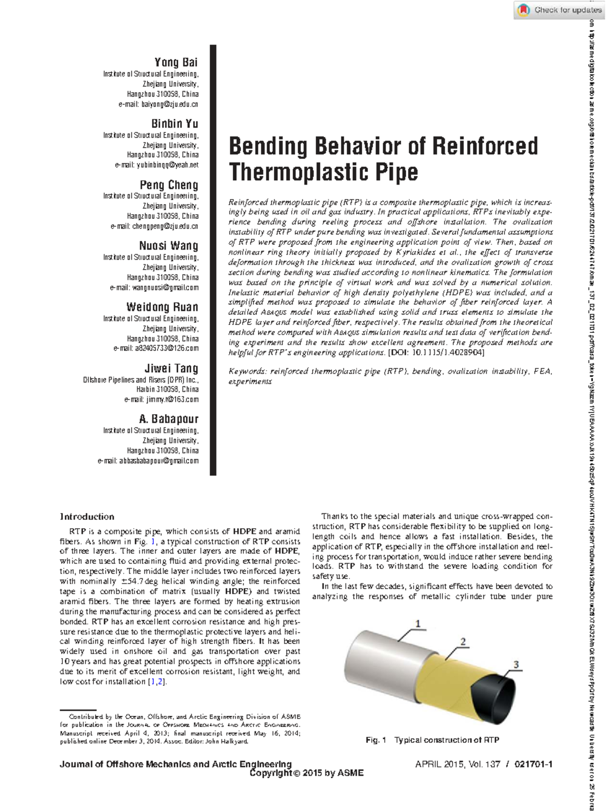 Bending Behavior of Reinforced Thermoplastic Pipe (RTP) - OMAE 137 ...