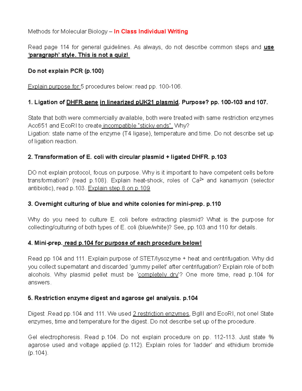 4Mol Biol Methods - In-Class Writing on Key Procedures - Studocu