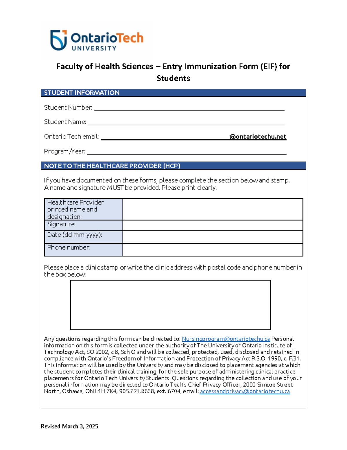 2025 Health Sciences Entry Immunization Form (EIF) for Students - Studocu