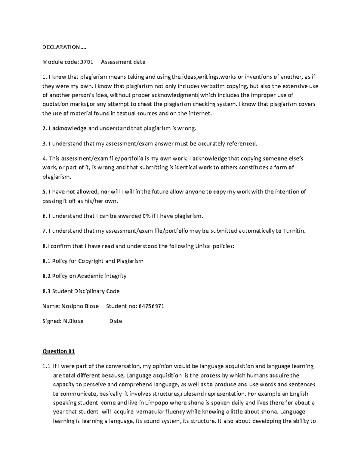 TMN3701 assignment 02 N - DECLARATION.... Module code: 3701 Assessment ...