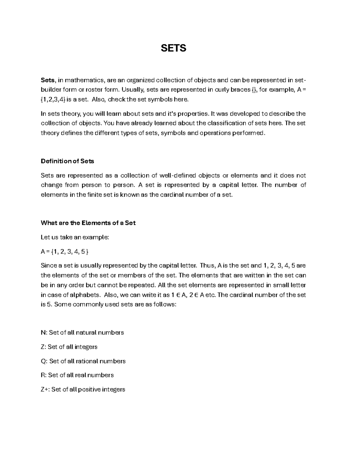 SETS - JUST NOTES - SETS Sets, in mathematics, are an organized ...