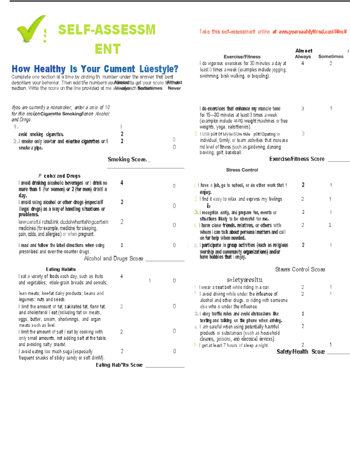 Lifestyle Questionnaire - SELF-ASSESSM ENT How Healthy ls Your Cument ...