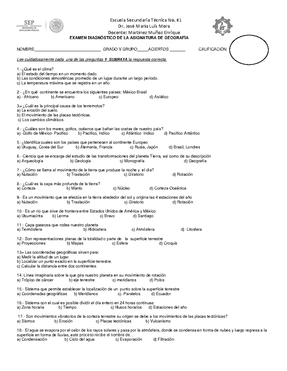Examen Diagnóstico de Geografía D 2024 - Escuela Sec. Téc. No. 61 - Studocu