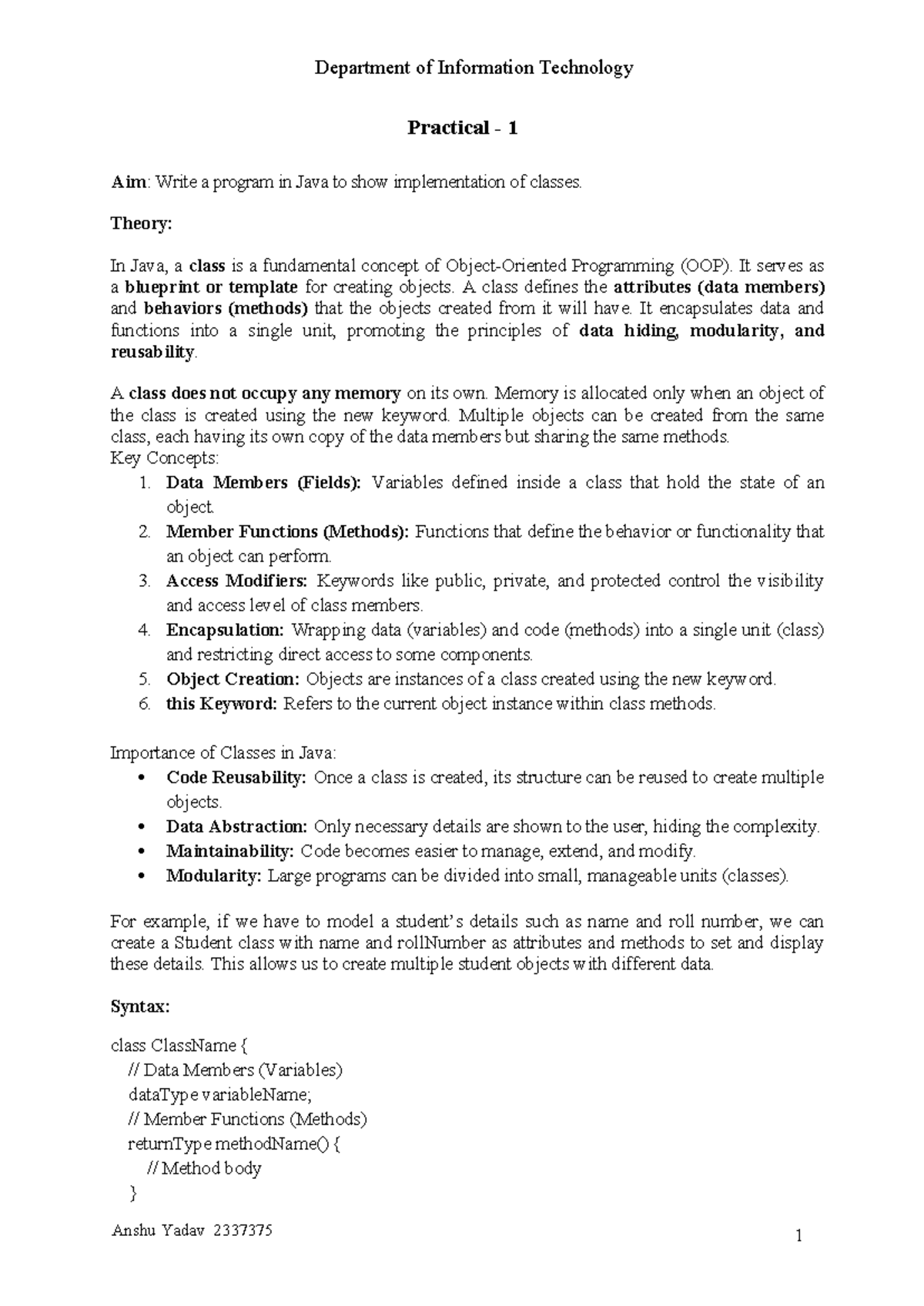 IT Department Practical 1: Java Class Implementation Guide - Studocu