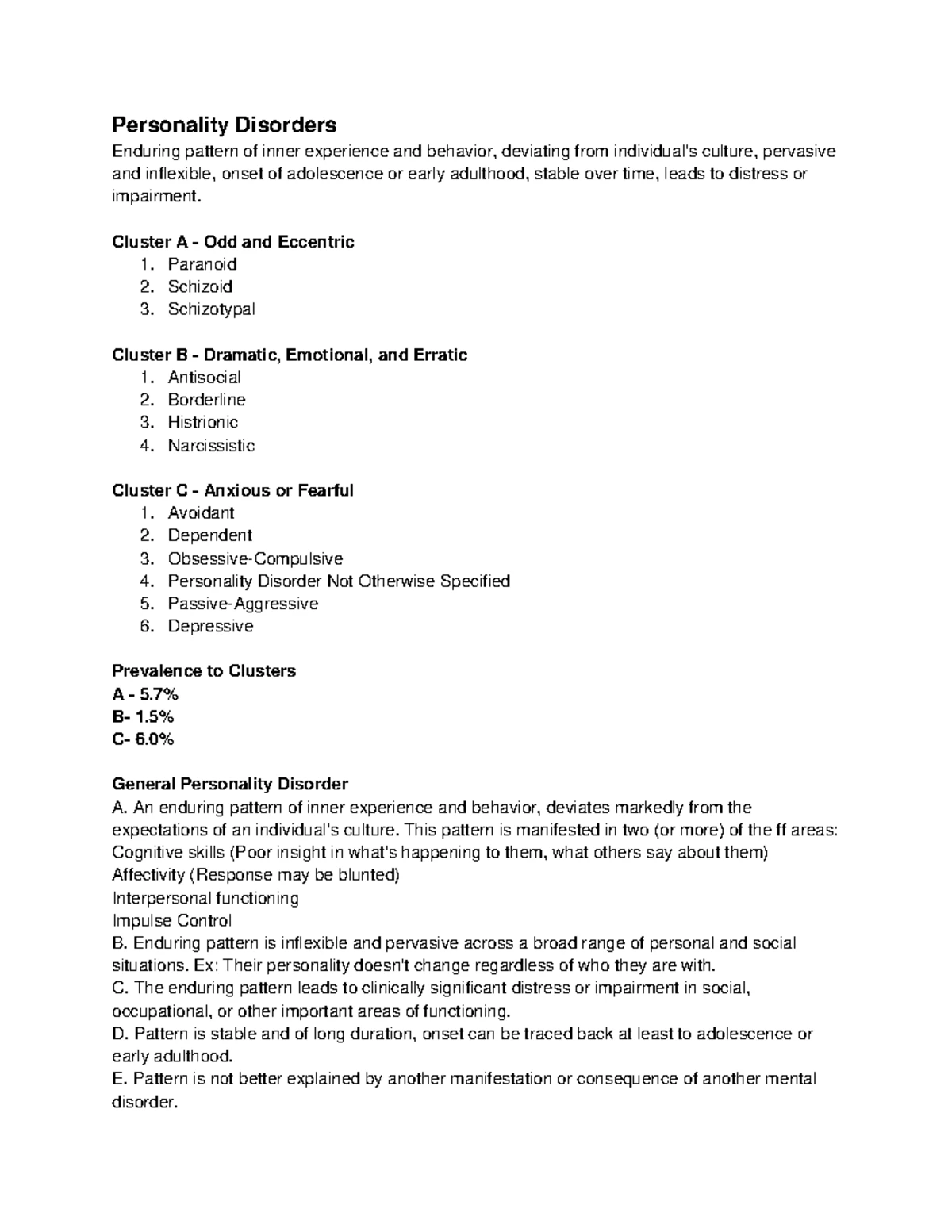 Personality Disorders Overview and Treatment Strategies (PSY100) - Studocu