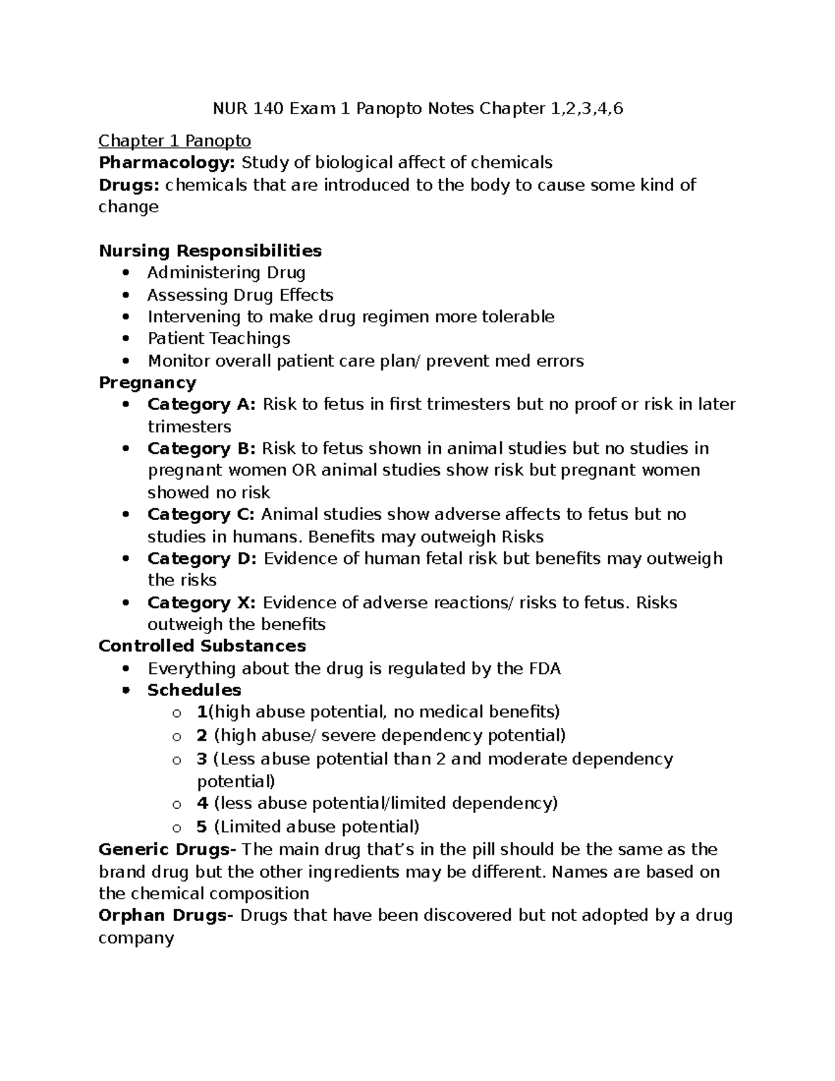 NUR 140 Exam 1 Study Notes: Pharmacology Chapters 1-6 - Studocu