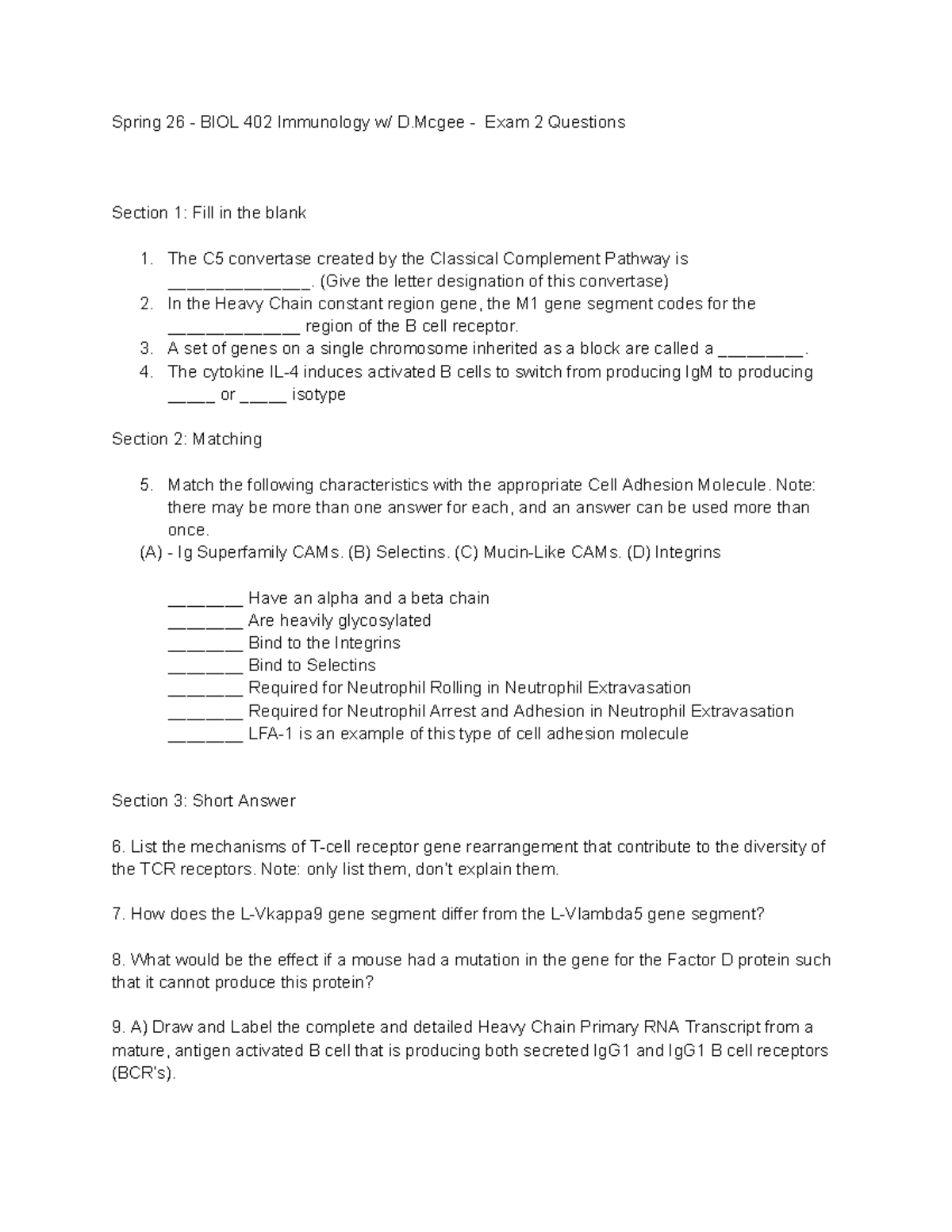 BIOL 402 Spring 26 Immunology Exam 2 Sample Questions - Studocu