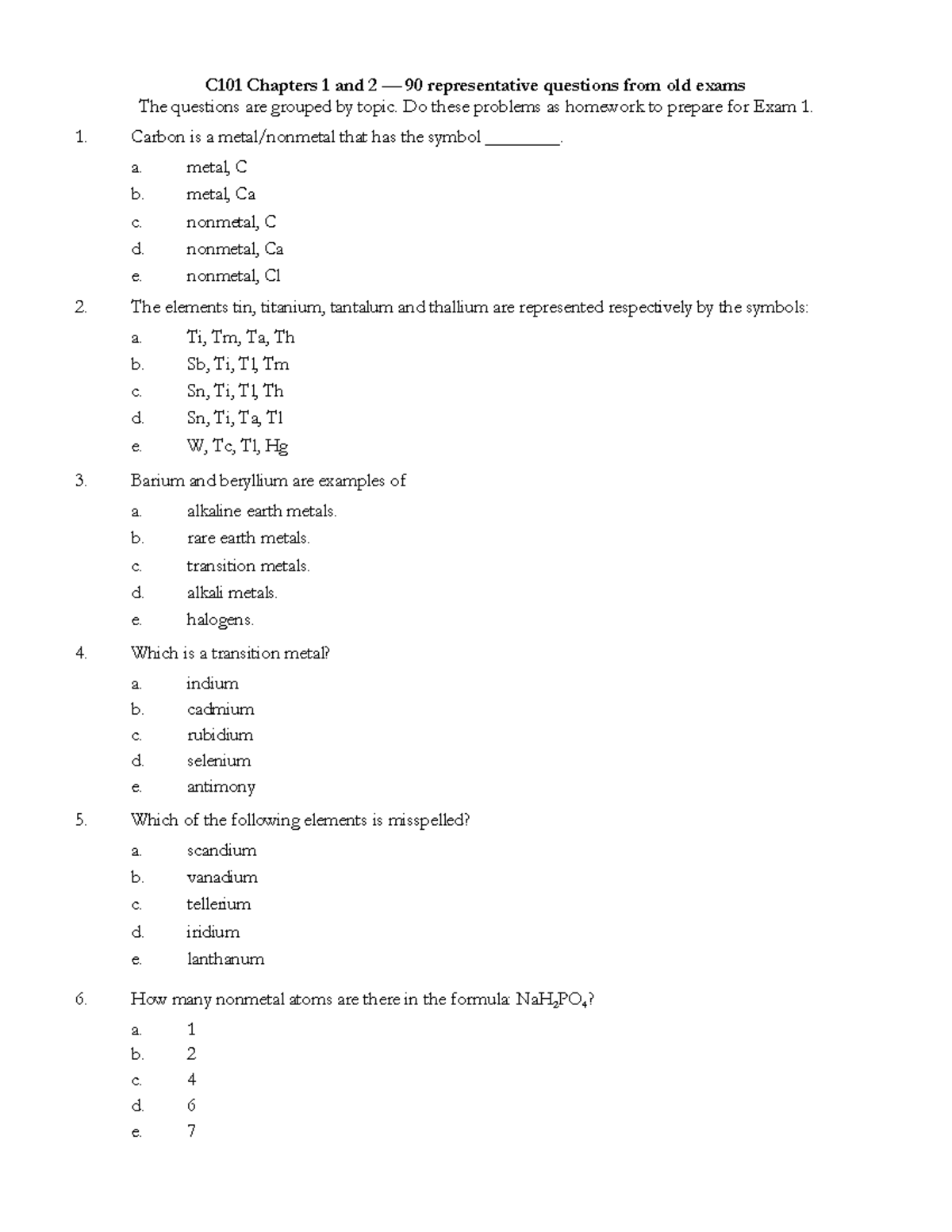 C101 Exam 1 Sample Questions - Chapters 1 & 2 Practice - Studocu
