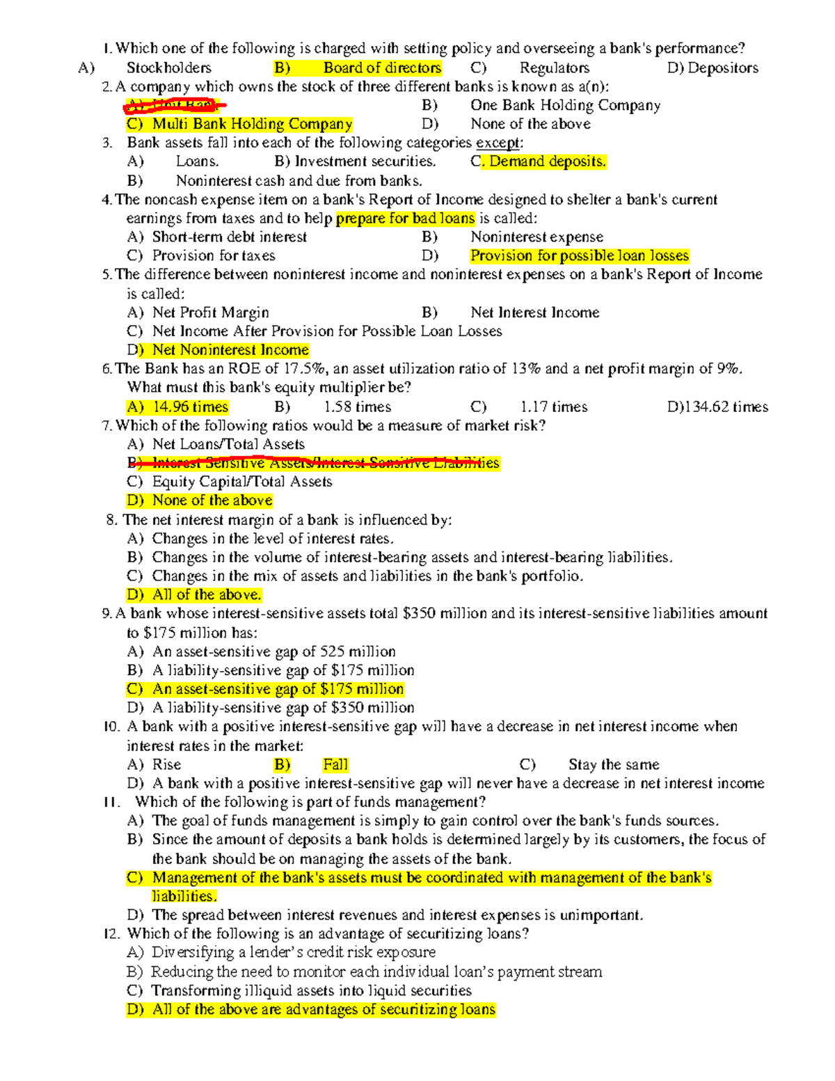 Banking Concepts and Policies: Quiz Questions and Answers (Course Code ...