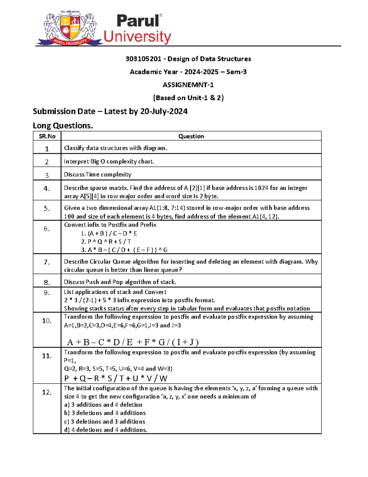 303105201 Data Structures Long Questions & Short Questions Assignment ...
