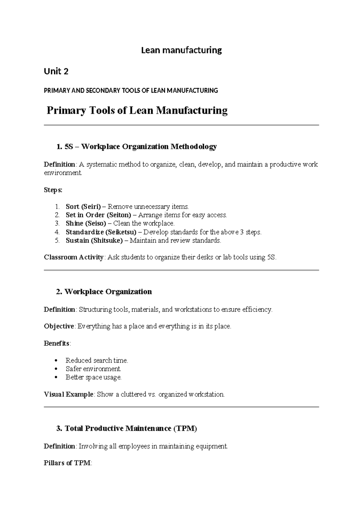 Lean Manufacturing Unit 2: Primary & Secondary Tools Overview - Studocu