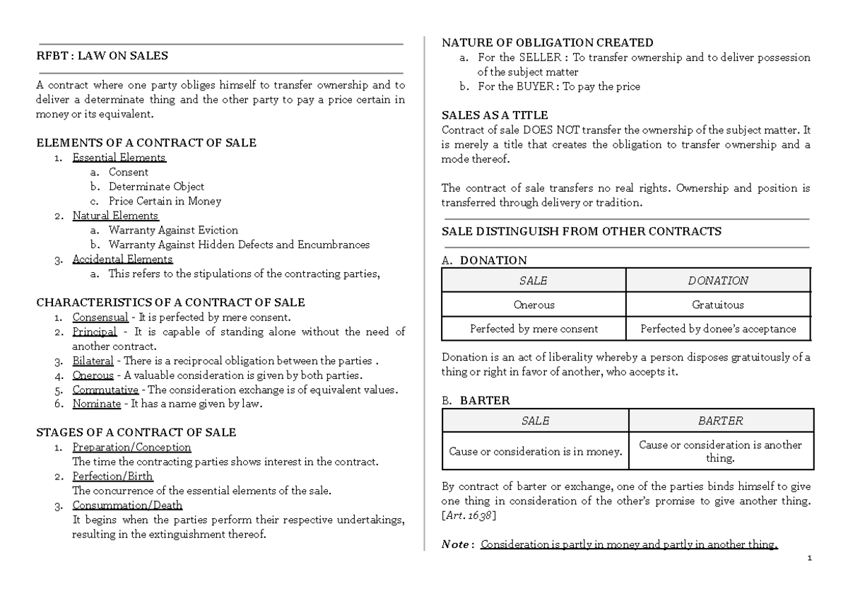RFBT: LAW ON SALES - Key Elements, Characteristics, and Obligations ...