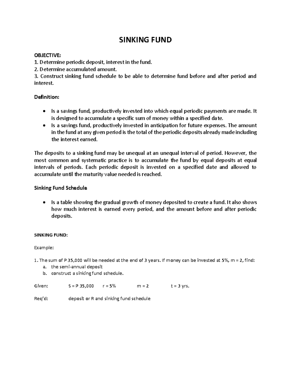 Econ 101 Lecture: Concepts and Calculations of Sinking Funds - Studocu