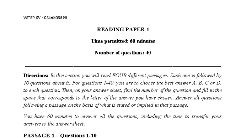 VSTEP SV 0346808595 Reading Test 1 - B1-B2 Level Questions and Passages ...
