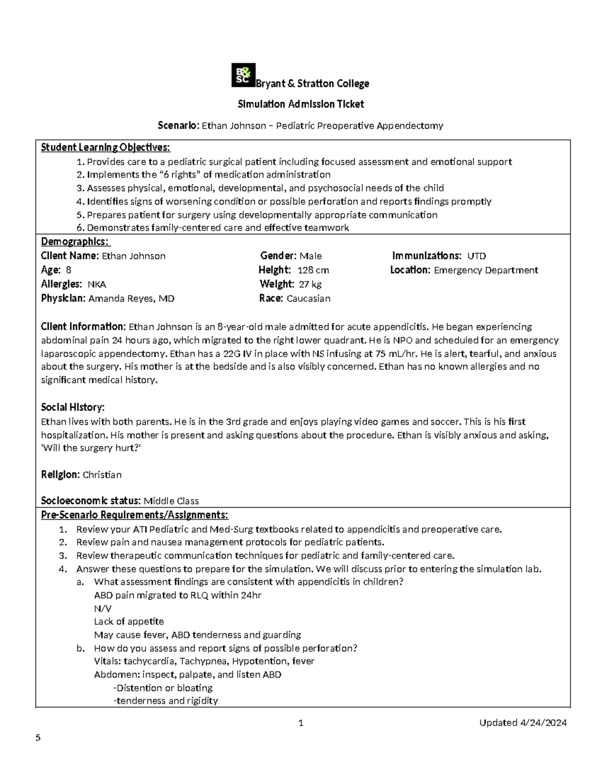 Ethan Johnson Pediatric Preop Appendectomy Simulation Ticket - Studocu