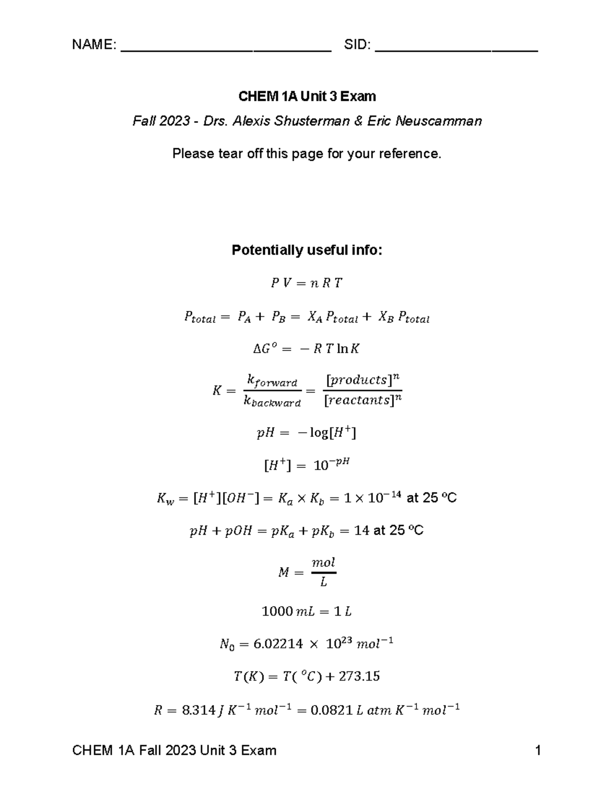 CHEM 1A Fall 2023 Practice Midterm Exam 3 Notes - Studocu