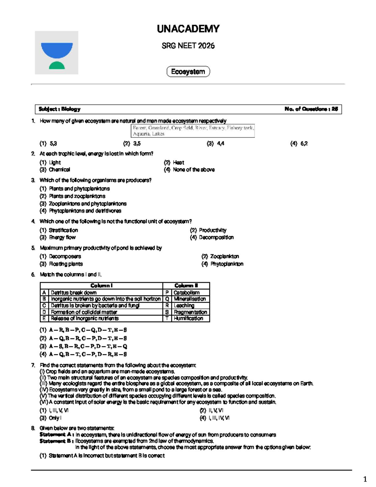 Ecosystem Study Guide for NEET 2026: Biology Questions & Answers - Studocu