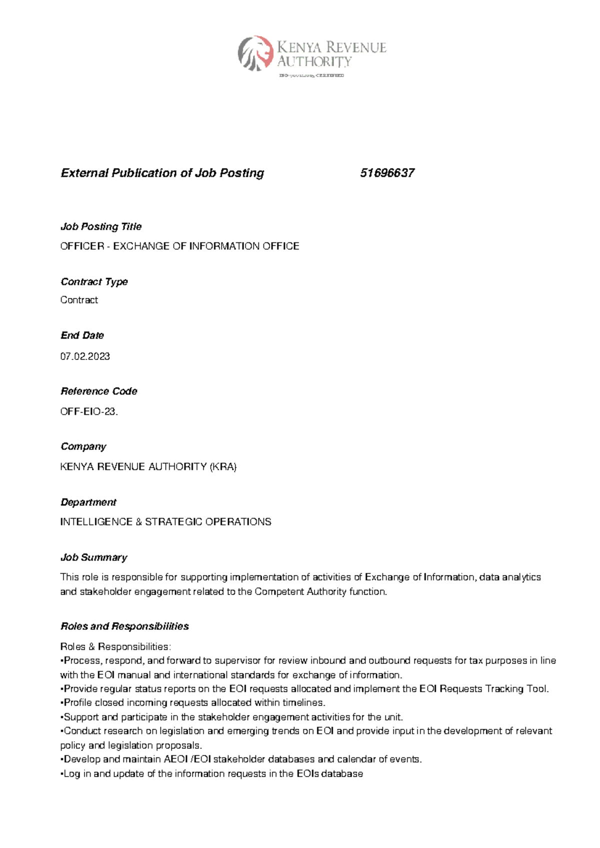 Officer Role Overview - Exchange of Information Office (EOI) - Studocu