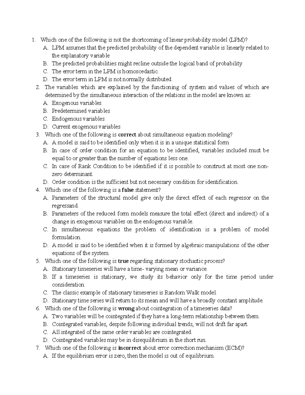 Econometrics II Model Exam: Key Concepts and Questions - Studocu