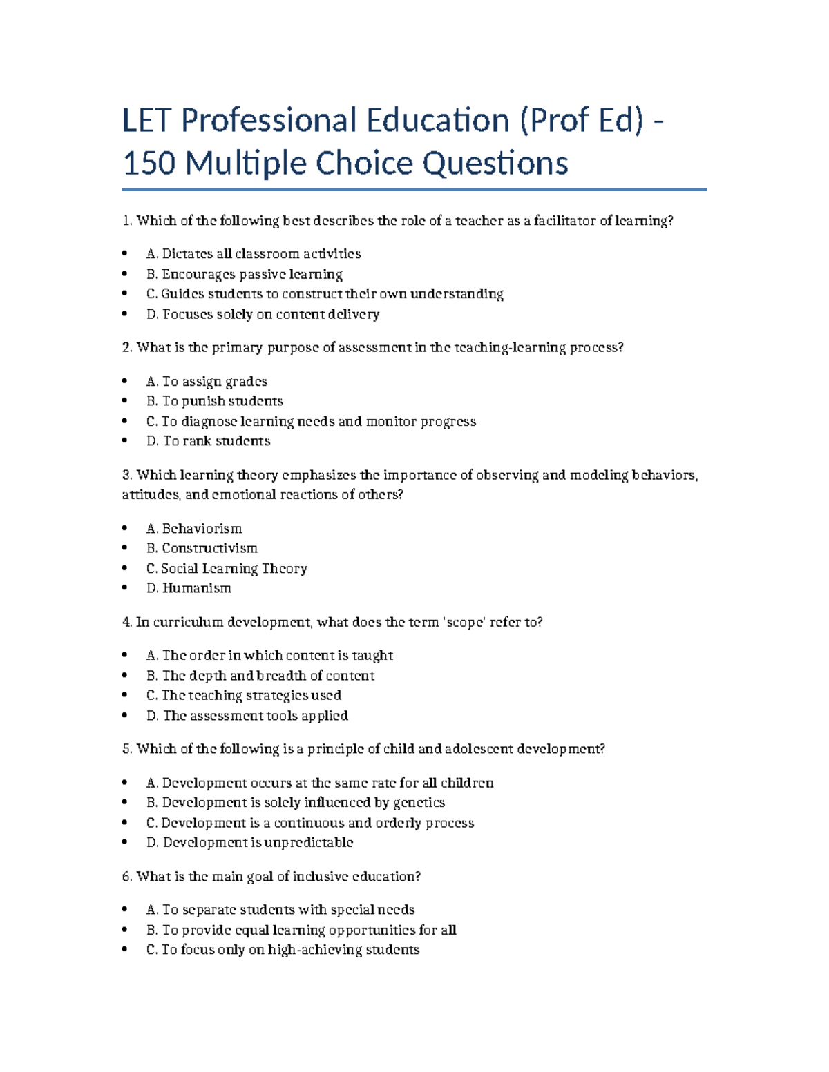 LET Prof Ed 150 MCQs: Comprehensive Reviewer for Licensure Exam - Studocu