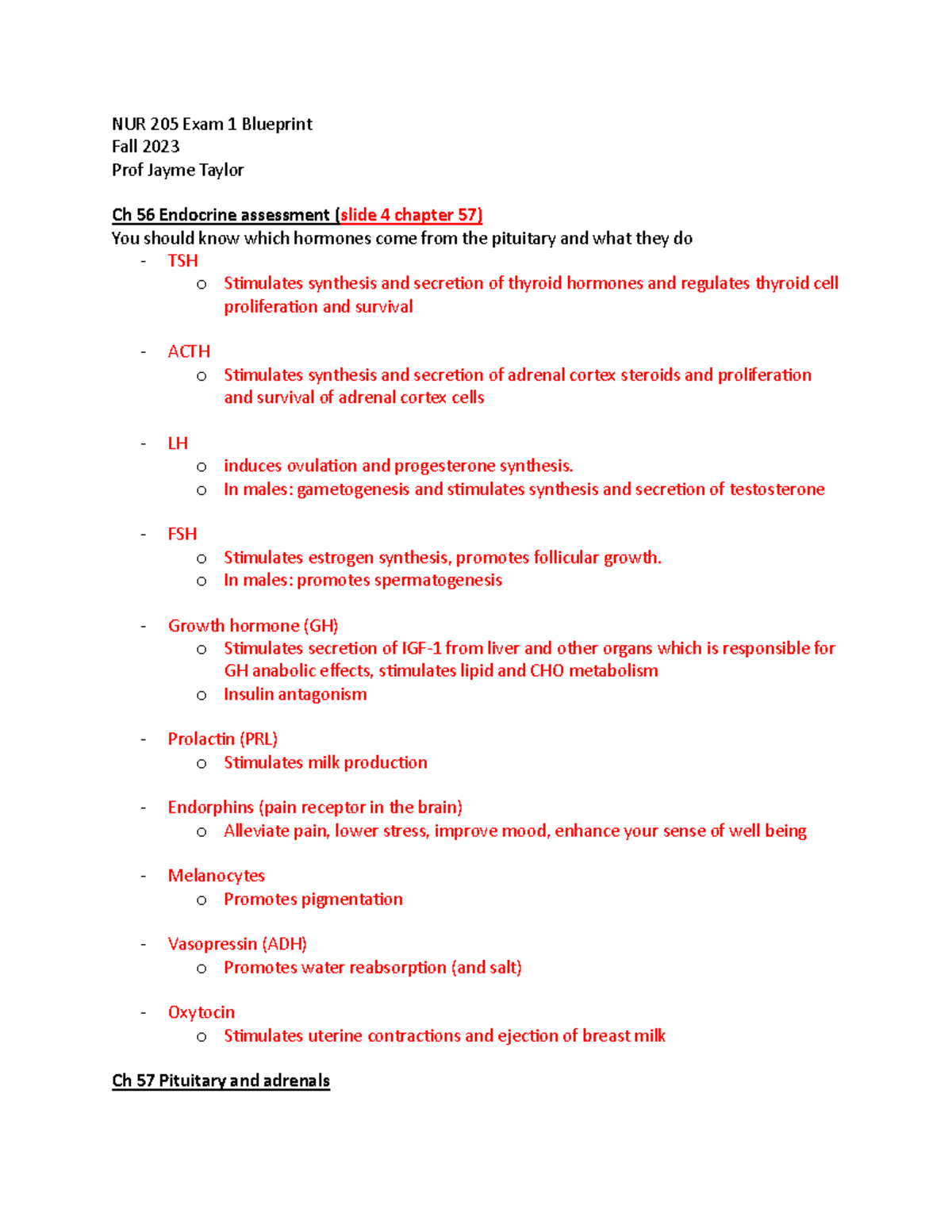 NUR 205 Exam 1 Blueprint Study Guide - Fall 2023 - Studocu