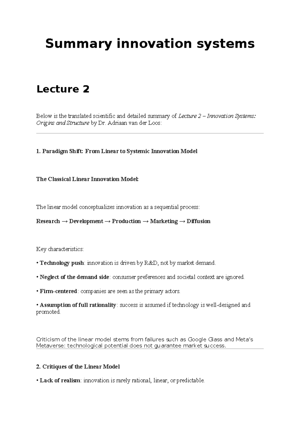 Innovation Systems Summary: Lecture 2 Insights by Dr. Adriaan van der ...