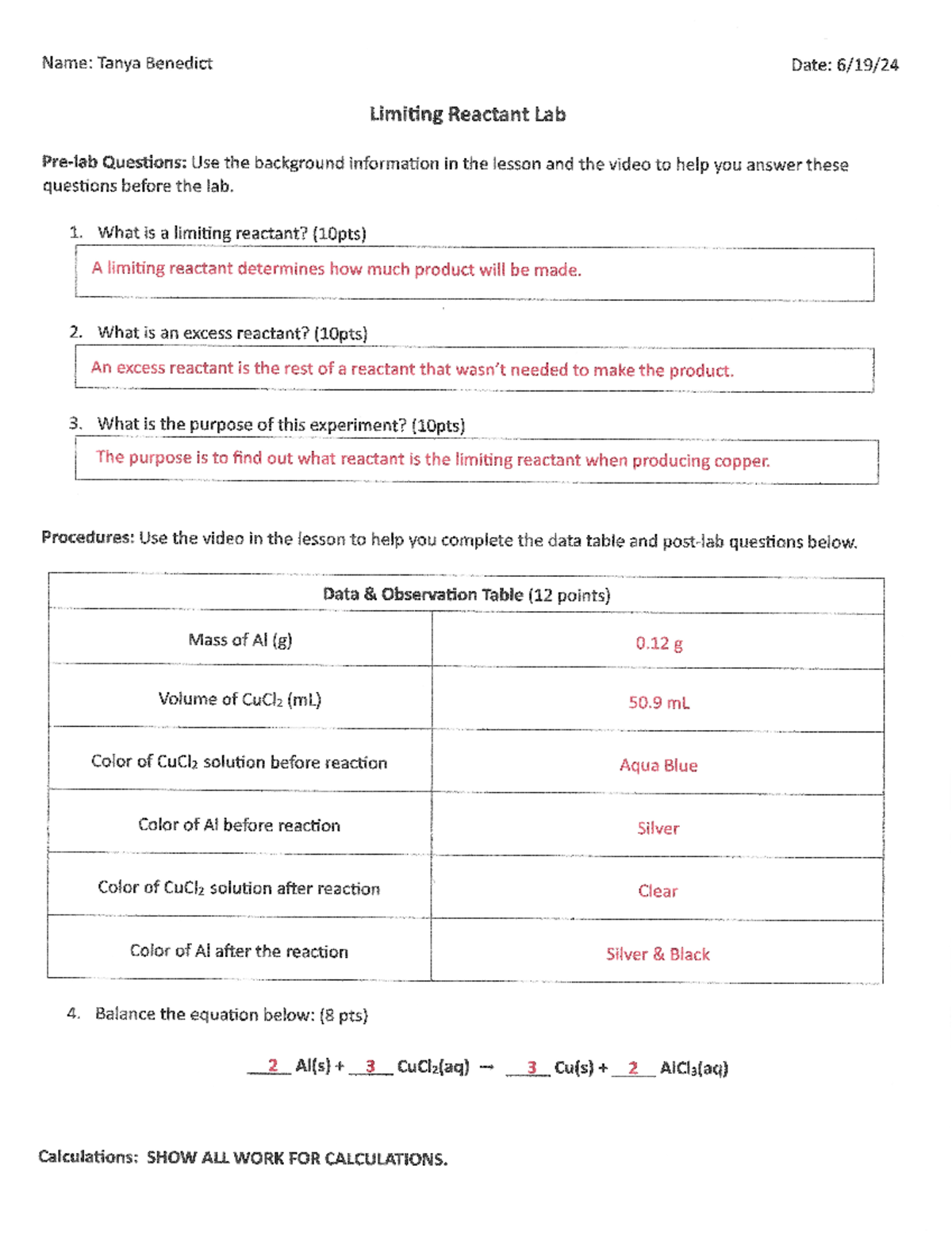 Limiting Reactant Lab Report: Experiment and Analysis - Studocu