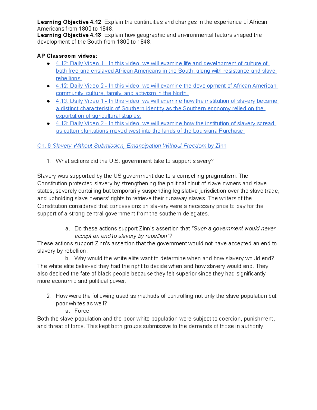 APUSH Assignment: Zinn Ch. 9 - Slavery, Change, and Continuity (4.12 ...
