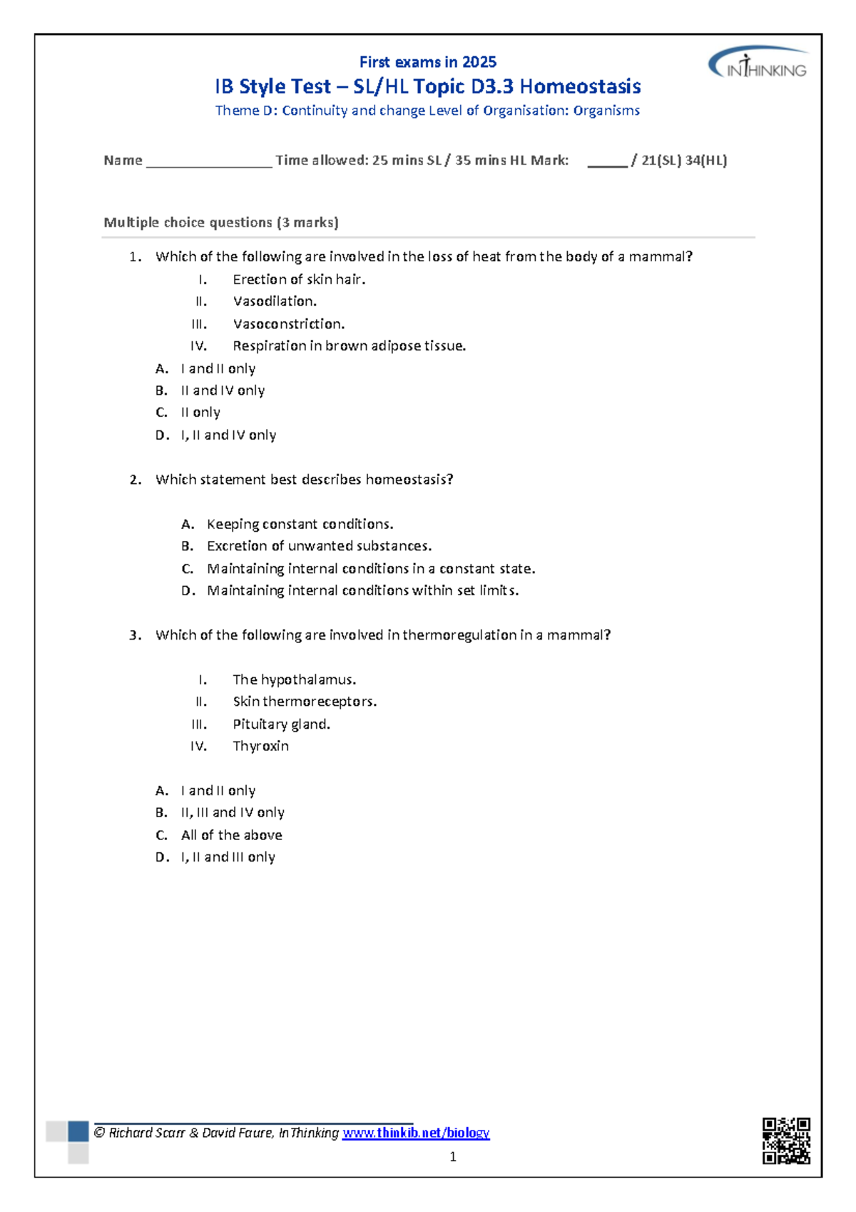 2025 IB Style Test D3.3: Homeostasis & Organism Level Exam QP - Studocu