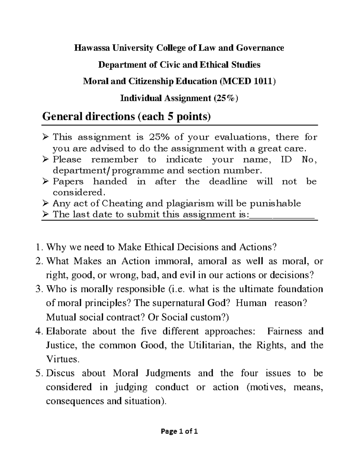 Assignment -On Moral And Citizenship Education - Page 1 of 1 Hawassa ...