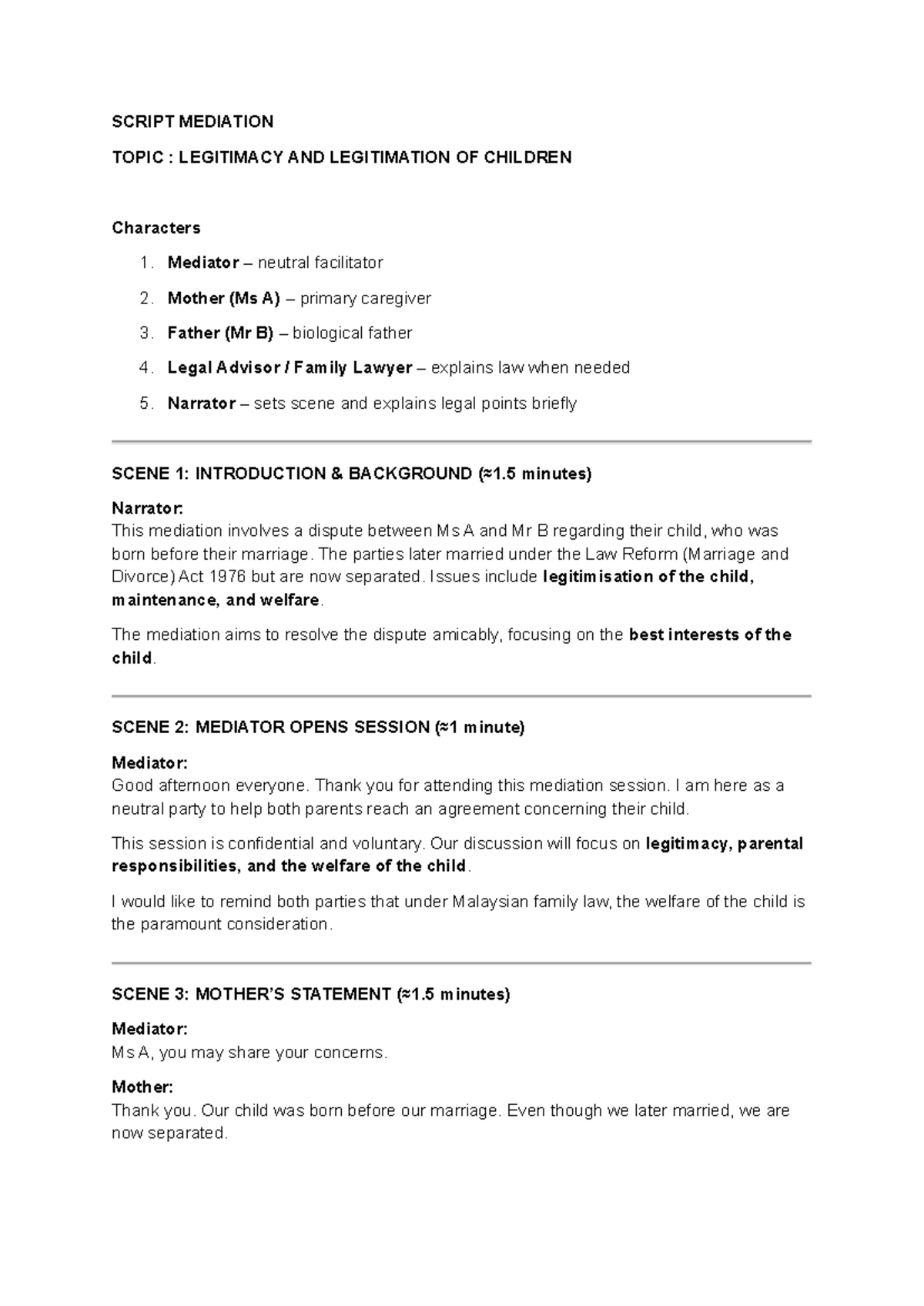 Mediation Script: Legitimacy & Child Welfare (Course Code: LAW101 ...