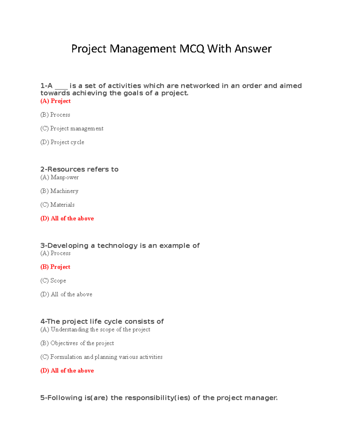 Project Management MCQ Answers for Exam Preparation - Studocu