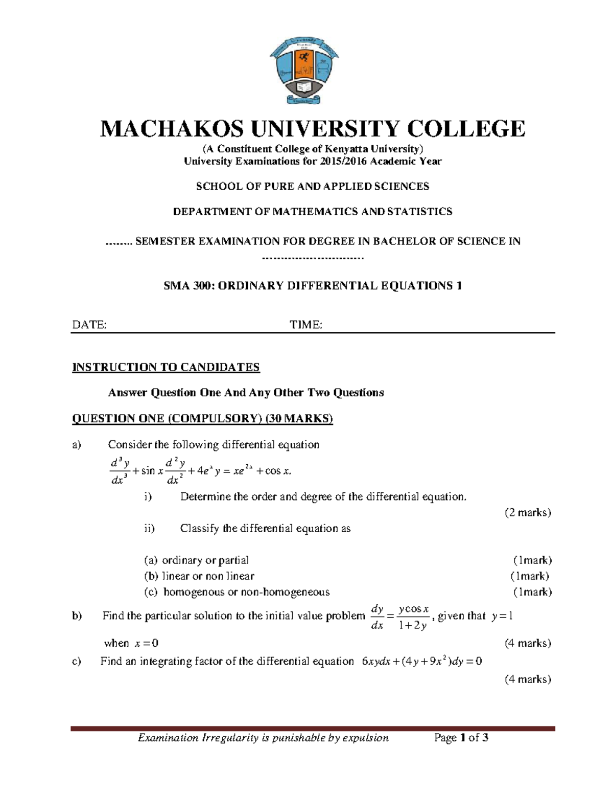 SMA 208: ODE 1 - Semester Exam Questions and Solutions - Studocu